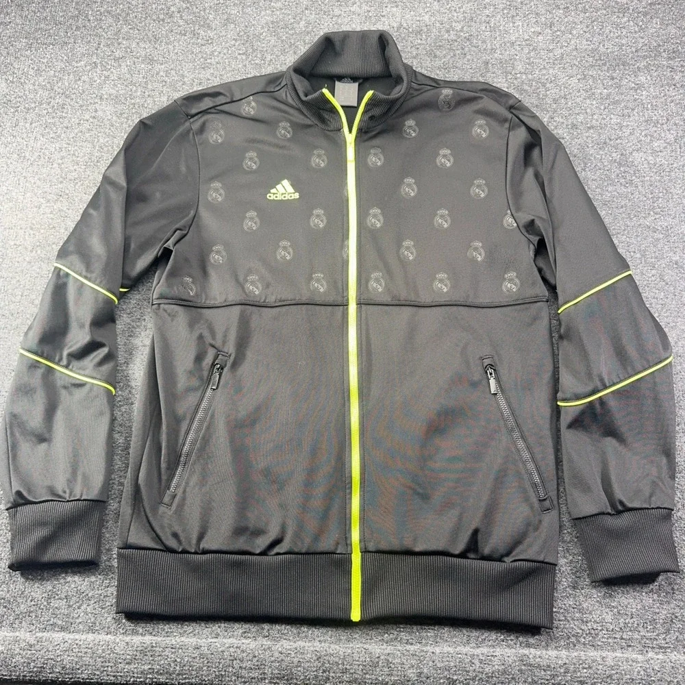 Adidas Real Madrid Track Jacket Mens Medium Black Neon Yellow Full Zip Soccer